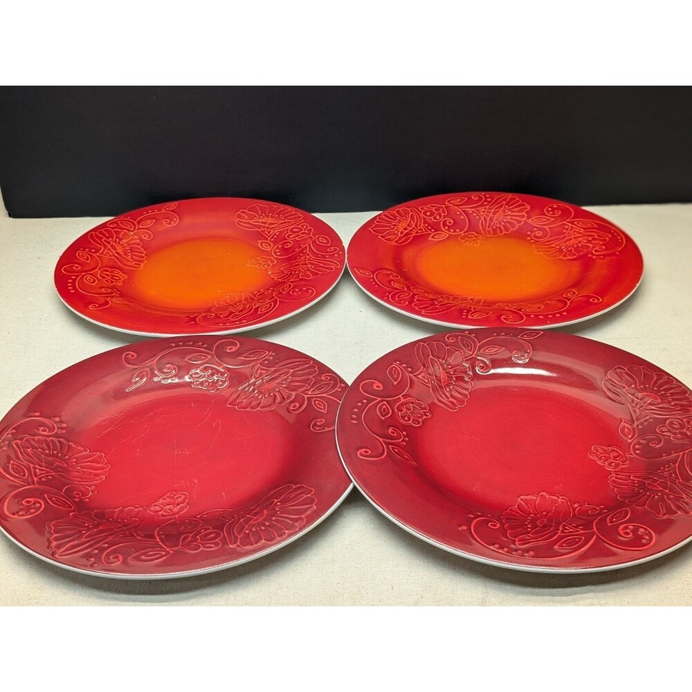 Laurie Gates Red Orange Flora Melamine Dinner Plate 11" ** Worn & Scratched **